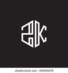 Initial letter ZK, minimalist line art monogram hexagon shape logo, white color on black background