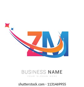 initial letter ZM logotype company name colored orange, red and blue swoosh star design. vector logo for business and company identity.
