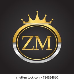 initial letter ZM logotype company name with oval shape and crown, gold and silver color. vector logo for business and company identity.