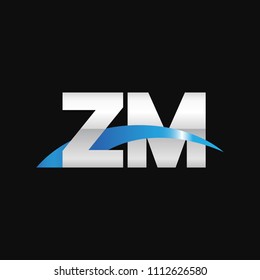 Initial letter ZM, overlapping movement swoosh logo, metal silver blue color on black background