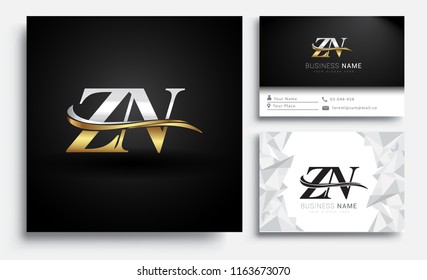 initial letter ZN logotype company name colored gold and silver swoosh design. Vector sets for business identity on white background.