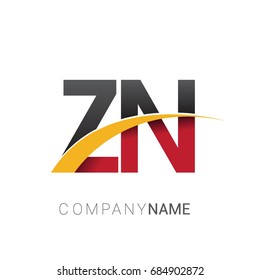initial letter ZN logotype company name colored red, black and yellow swoosh design. isolated on white background.
