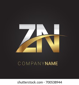 initial letter ZN logotype company name colored gold and silver swoosh design. isolated on black background.