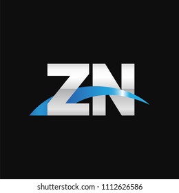 Initial letter ZN, overlapping movement swoosh logo, metal silver blue color on black background
