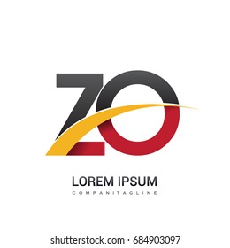 initial letter ZO logotype company name colored red, black and yellow swoosh design. isolated on white background.
