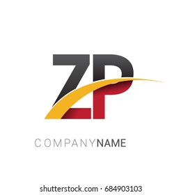 initial letter ZP logotype company name colored red, black and yellow swoosh design. isolated on white background.
