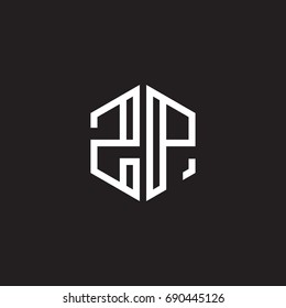 Initial letter ZP, minimalist line art monogram hexagon shape logo, white color on black background