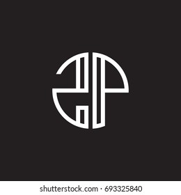 Initial letter ZP, minimalist line art monogram circle shape logo, white color on black background