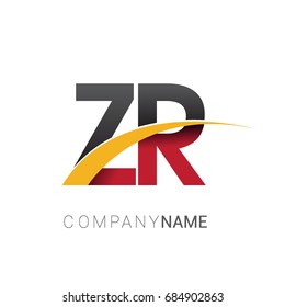 initial letter ZR logotype company name colored red, black and yellow swoosh design. isolated on white background.
