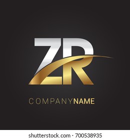 initial letter ZR logotype company name colored gold and silver swoosh design. isolated on black background.