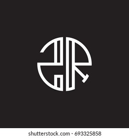 Initial letter ZR, minimalist line art monogram circle shape logo, white color on black background