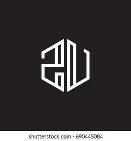 Initial letter ZU, minimalist line art monogram hexagon shape logo, white color on black background