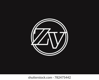 Initial letter zv lowercase outline inside the circle logo template white on black background