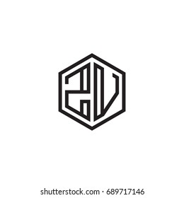 Initial letter ZV, minimalist line art monogram hexagon logo, black color