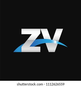 Initial letter ZV, overlapping movement swoosh logo, metal silver blue color on black background