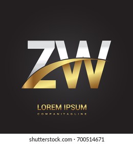 initial letter ZW logotype company name colored gold and silver swoosh design. isolated on black background