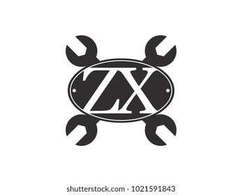 Initial letter ZX logo automotive club with crossed wrench black