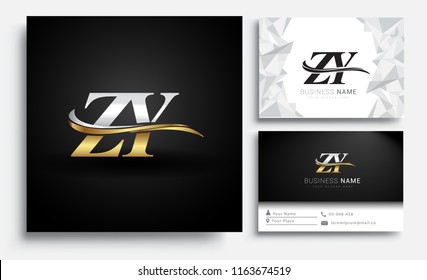 initial letter ZY logotype company name colored gold and silver swoosh design. Vector sets for business identity on white background.
