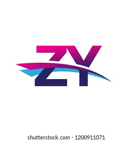 initial letter ZY logotype company name colored blue and magenta swoosh design. vector logo for business and company
