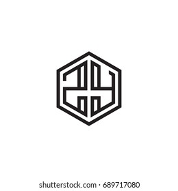 Initial letter ZY, minimalist line art monogram hexagon logo, black color