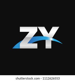 Initial letter ZY, overlapping movement swoosh logo, metal silver blue color on black background