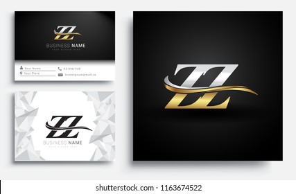 initial letter ZZ logotype company name colored gold and silver swoosh design. Vector sets for business identity on white background.