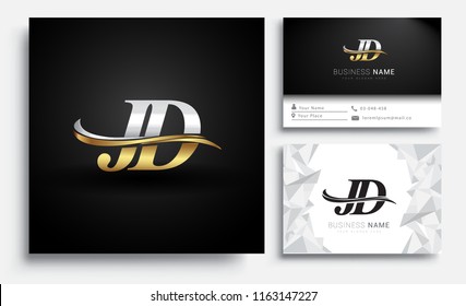initial letterJD logotype company name colored gold and silver swoosh design. Vector sets for business identity on white background.