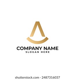 The initial A lettermark in the shape upward arrow in gold gradient and the smile underneath the letter A signify happy in modern luxury elegant and minimalist style