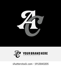 Initial letters A, C, AC or CA overlapping, interlock, monogram logo, white and gray color on black background
