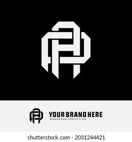 Initial letters A, P, AP or PA overlapping, interlocked monogram logo, white color on black background