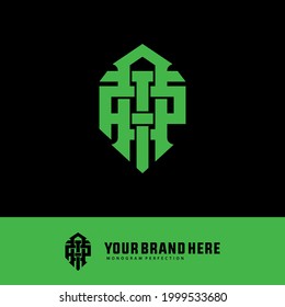 Initial letters A, P, T, APT, ATP, PAT, PTA, TAP or TPA overlapping, interlocked monogram logo, green color on black background