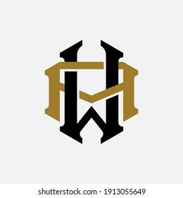 Initial letters A, W, AW or WA overlapping, interlock, monogram logo, black and gold color on white background
