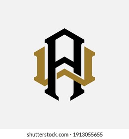 Initial letters A, W, AW or WA overlapping, interlock, monogram logo, black and gold color on white background