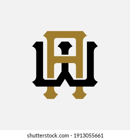 Las letras iniciales A, W, AW o WA se solapan, interbloquean, monograma, color negro y dorado sobre fondo blanco