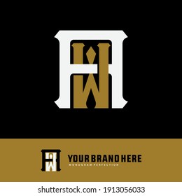Las letras iniciales A, W, AW o WA se solapan, se enmarcan, tienen un logotipo monograma, color blanco y dorado sobre fondo negro
