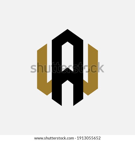 Initial letters A, W, AW or WA overlapping, interlock, monogram logo, black and gold color on white background