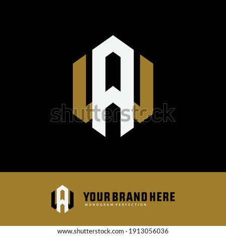 Initial letters A, W, AW or WA overlapping, interlock, monogram logo, white and gold color on black background
