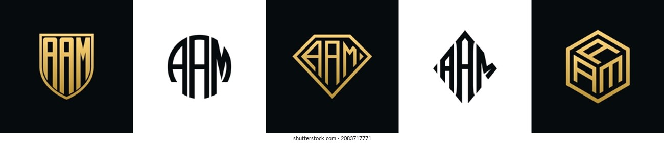 Initial letters AAM logo designs Bundle. This set included Shield, Rounded, two Diamond and Hexgon style