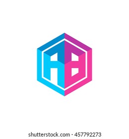 Initial letters AB hexagon box shape logo blue pink purple