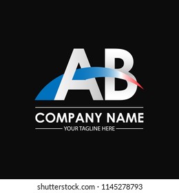 Initial letters AB overlapping movement swoosh logo, metal silver blue red color on black blackground