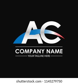 Initial letters AC overlapping movement swoosh logo, metal silver blue red color on black blackground