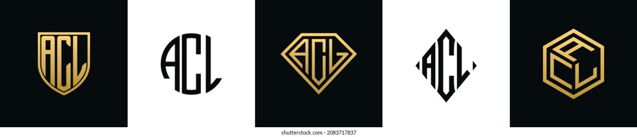 Initial letters ACL logo designs Bundle. This set included Shield, Rounded, two Diamond and Hexgon style