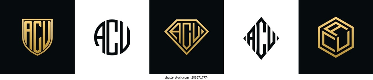 Initial letters ACU logo designs Bundle. This set included Shield, Rounded, two Diamond and Hexgon style