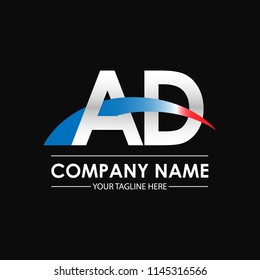 Initial letters AD overlapping movement swoosh logo, metal silver blue red color on black blackground