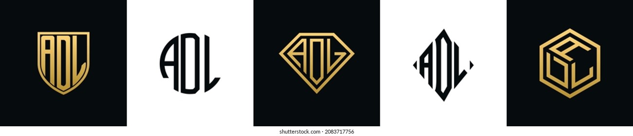 Initial letters ADL logo designs Bundle. This set included Shield, Rounded, two Diamond and Hexgon style