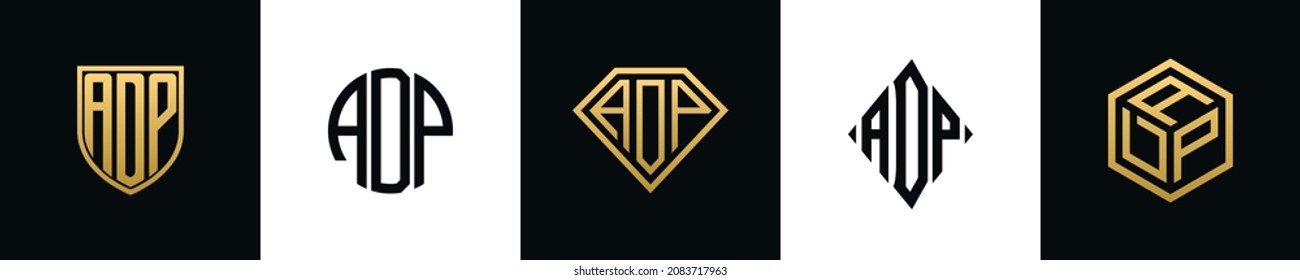 Initial letters ADP logo designs Bundle. This set included Shield, Rounded, two Diamond and Hexgon style