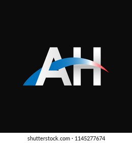 Initial letters AH overlapping movement swoosh logo, metal silver blue red color on black blackground