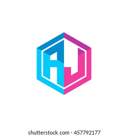Initial letters AJ hexagon box shape logo blue pink purple
