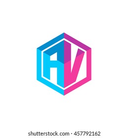 Initial letters AV hexagon box shape logo blue pink purple