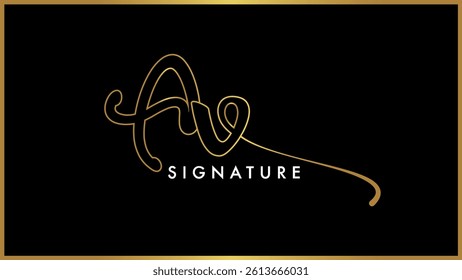 Initial letters AV A V vector signature Logo Template, Outline cursive brush typography letters A V, Luxury Golden. Gold Isolated on black background.
